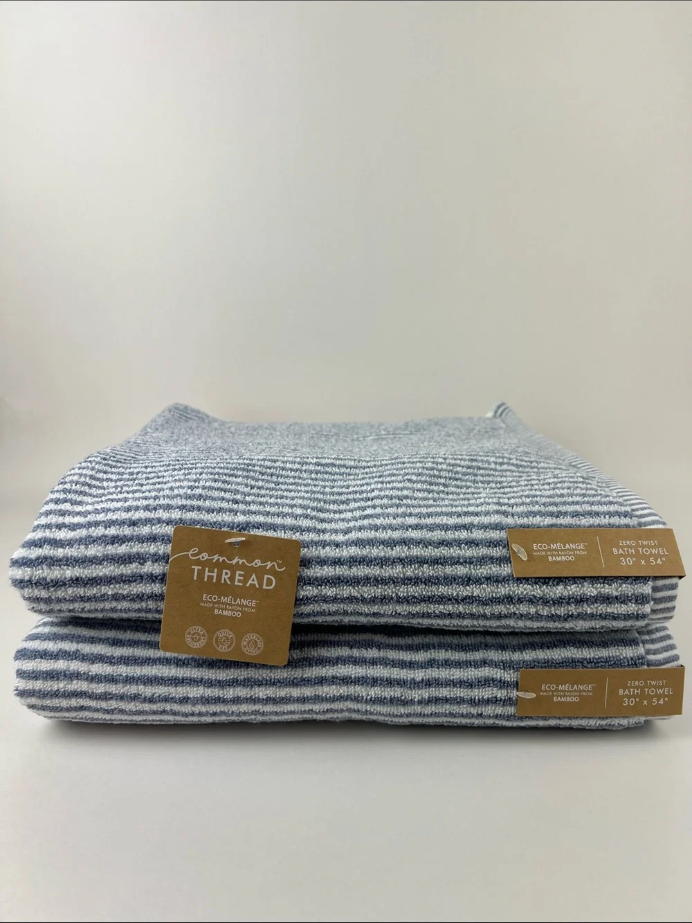 Common Thread Bath Towels Bamboo Blue White Striped Soft Cotton 2 Pc Set NEW